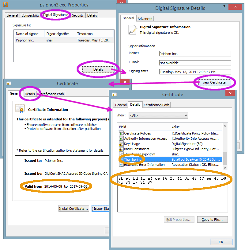 La secuencia de cuadros de diálogo requeridos para encontrar la huella de validación del certificado de Psiphon para Windows