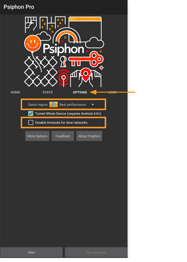 Скріншот зворотного зв'язку для вкладки налаштувань Psiphon Android