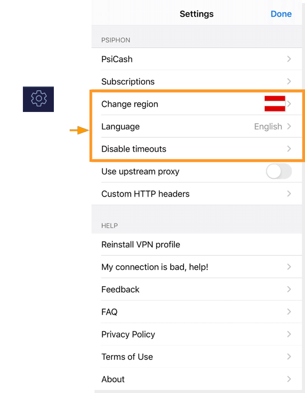 Psiphon iOS ayarlar sekmesi geribildirim ekran görüntüsü