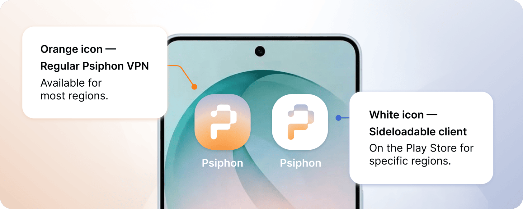 The two Psiphon Android app icons side by side: the white icon is the sideloadable client, also on the Play Store for specific regions; the coloured icon is the regular Psiphon VPN with subscription support.