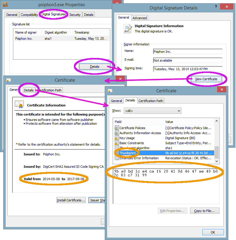 The flow of dialog boxes required to find the certificate thumbprint for Psiphon for Windows: file Properties, Digital Signatures tab, Details, View Certificate, then the Details tab showing the Thumbprint.